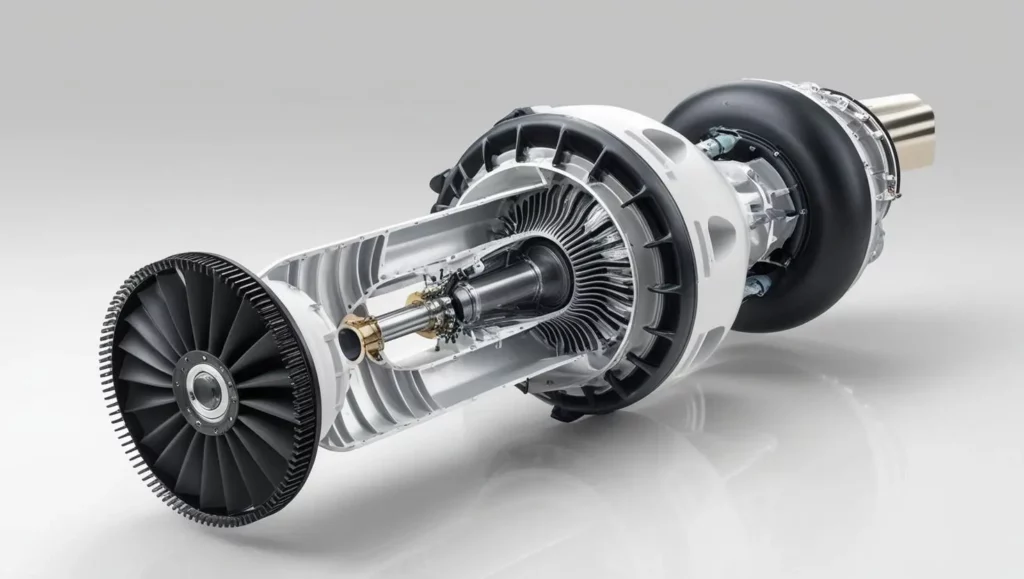 Triebwerkswelle eines Flugzeugs Triebwerkswellen im Schnitt, mit optimierter Kraftverteilung und Luftstromführung, um die Leistung und Belastbarkeit in der Luftfahrt zu maximieren.