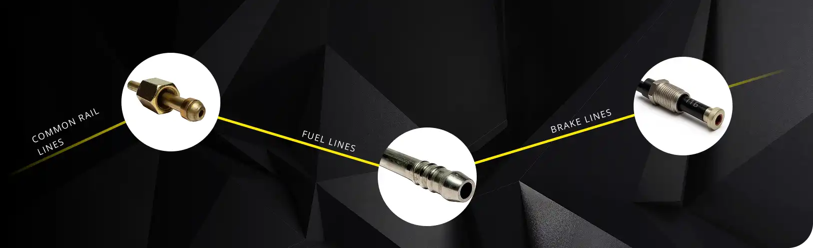 Accurately machined tube ends of common-rail, fuel, and brake lines produced with MEC machines for tight and durable connections in automotive applications.