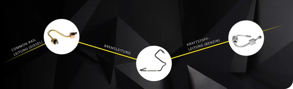 Beispiele für gebogene Rohrleitungen im Fahrzeug wie Bremsleitung, Kraftstoffleitung und Common-Rail-Leitung als Anwendungen des Rohrbiegens.