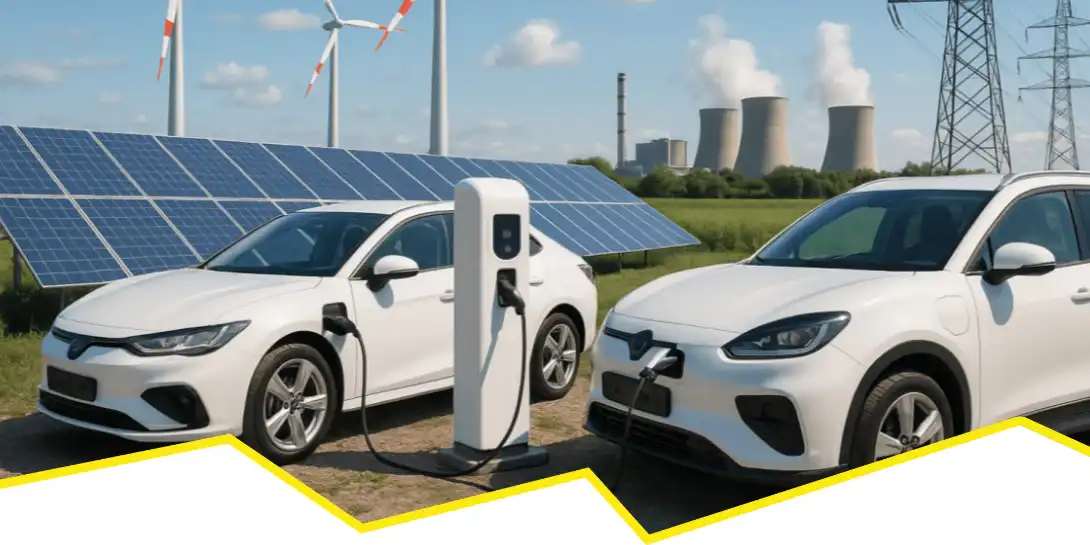 Elektrofahrzeuge an einer Ladesäule vor Solarpanels und Windkraftanlagen, im Hintergrund Kraftwerkskühltürme und Strommasten.