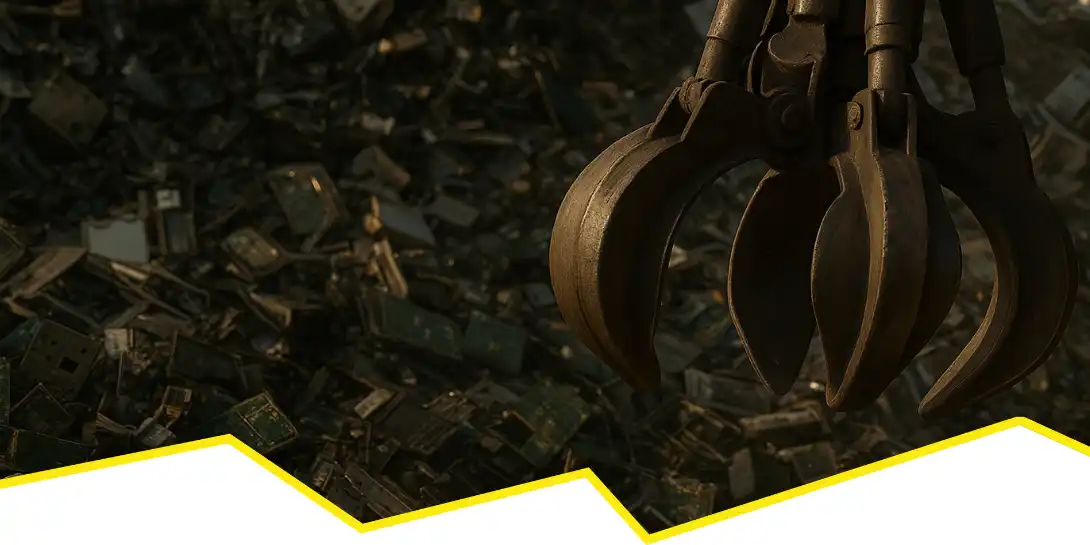 Industrielle Greifzange schwebt über einem großen Haufen aus Elektroschrott