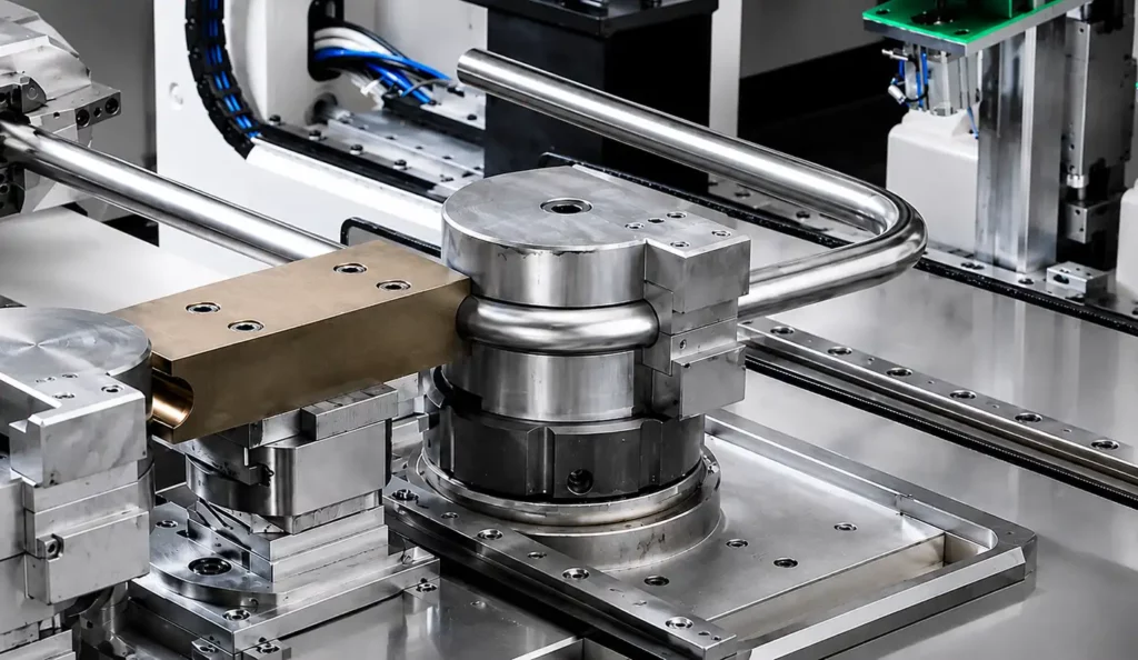 Bending process of a metal tube in an industrial tube bending machine for the production of bent tubing.