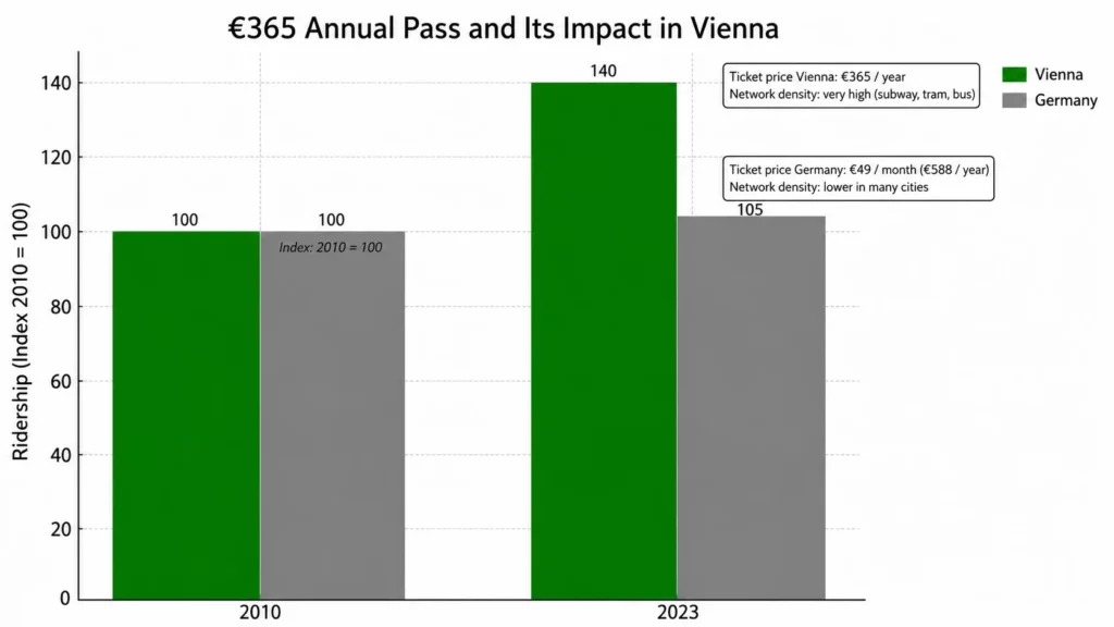 The bar chart compares Germany and Vienna in terms of ticket prices and passenger numbers.