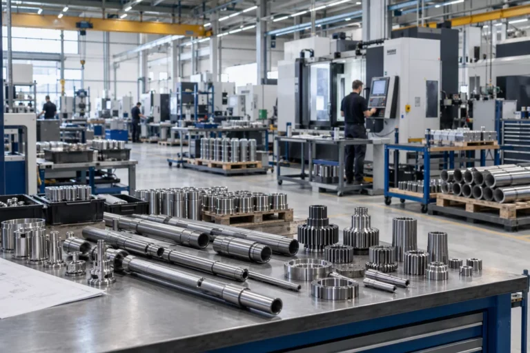 View into an industrial hall with various metallic components and parts symbolizing flexible production for different quantities.
